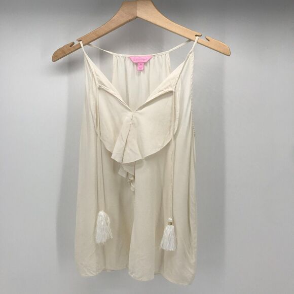 Lilly Pulitzer Cami Tank Womens XS Ivory Silk Ruffled V Neck Tasseled Boho - Picture 1 of 11